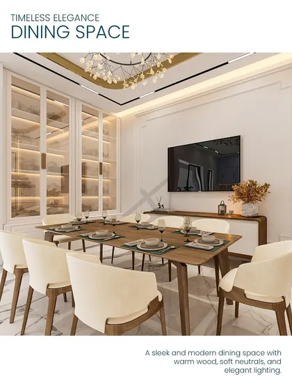 A sleek and modern dining space featuring warm wood, soft neutrals, and elegant lighting. The illuminated glass-front cabinets provide both storage and a beautiful display area.