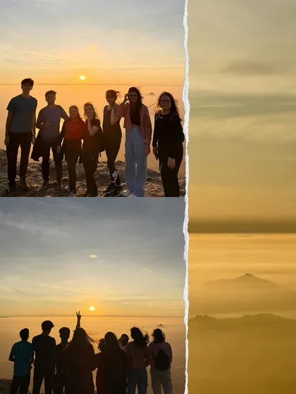 A collage from our Kaiwara Betta sunrise trek, showing the golden sunrise and our group enjoying the views.