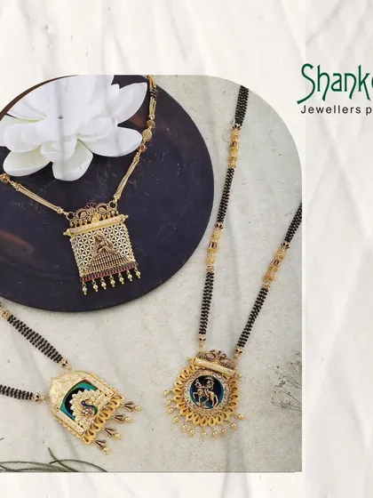 Crafted with love, worn with pride. This image displays three distinct mangalsutra pendant designs, including temple and peacock motifs, showcasing our creative range.