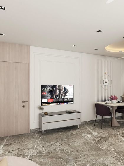 Another render from our upcoming neo-classic project, illustrating how we plan the flow from the TV area to the dining space.