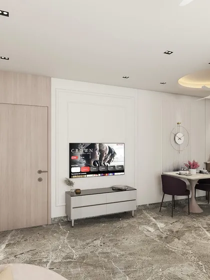 Another render from our upcoming neo-classic project, illustrating how we plan the flow from the TV area to the dining space.