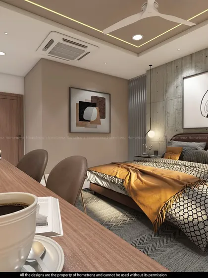 A bedroom designed for a young adult, with a concrete-finish accent wall, a warm color palette of mustard and grey, and a built-in study area.