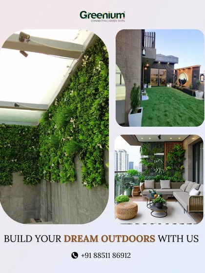 Let us help you build your dream outdoors. This collage showcases our ability to blend vertical gardens, artificial lawns, and comfortable lounge furniture to craft a personal paradise on your terrace or rooftop.