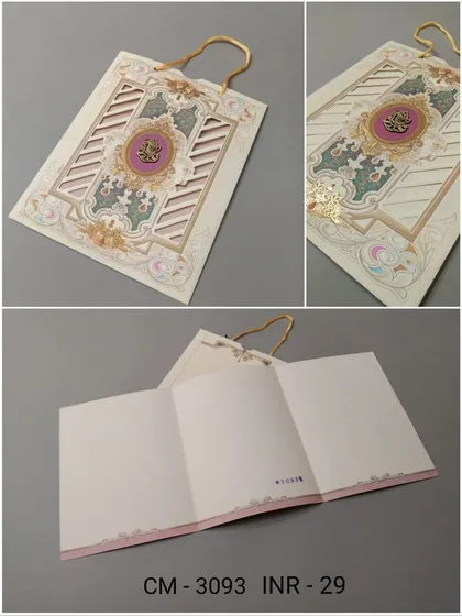 This is a unique wedding invitation card designed like a small carry bag. The front has intricate laser-cut details and a central motif, and it opens up to a three-panel insert for your event details.