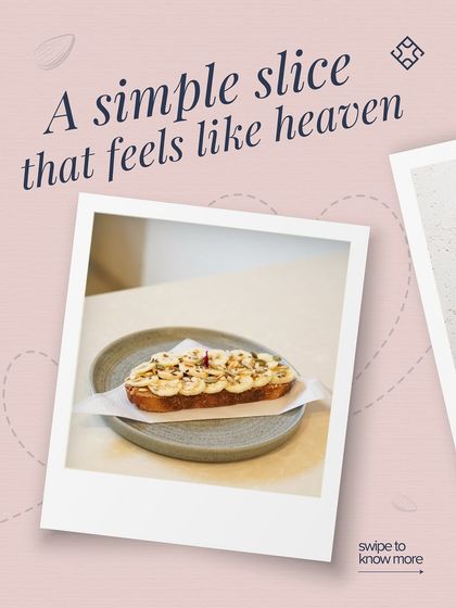 A simple slice that feels like heaven. A polaroid-style shot of our Almond Butter & Banana Toast, a perfect, simple pleasure.