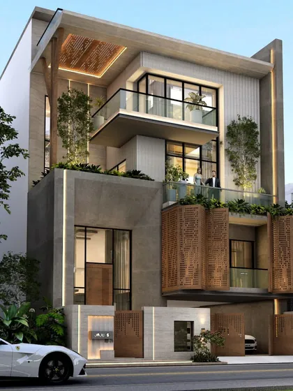 This design features a retractable jali screen that mimics a tree canopy, creating beautiful shadow play in the drawing room. This element highlights our focus on creating interactive and dynamic architectural features.