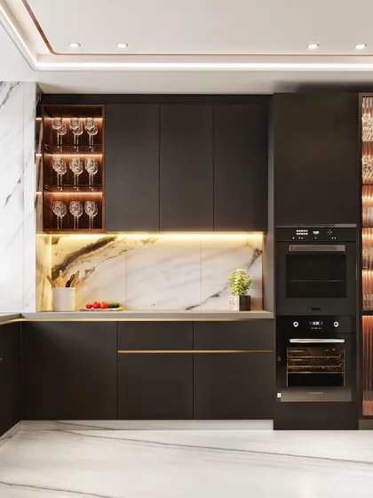 A sleek, modern charcoal grey kitchen visualization. This render demonstrates how different finishes, such as matte cabinetry, a marble backsplash, and integrated under-cabinet lighting, come together to create a functional and stylish culinary space.