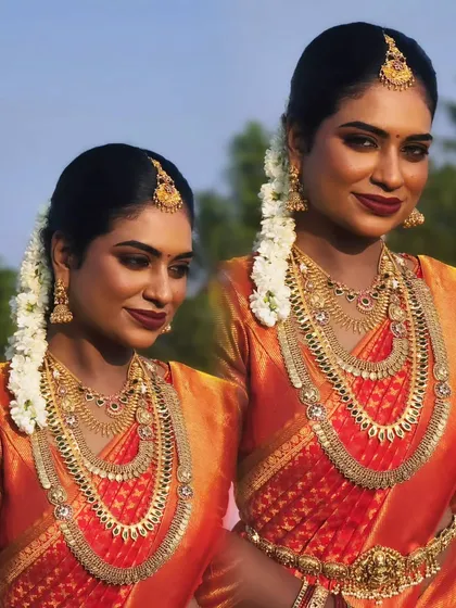 A collage showing different angles of a dusky bride in a traditional red saree. The makeup is bold and beautiful, perfectly complementing her skin tone.