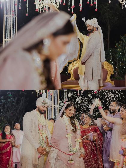 A collage of ceremony moments, from the blessings to the couple walking together after the rituals. The images capture the mix of solemnity and celebration.