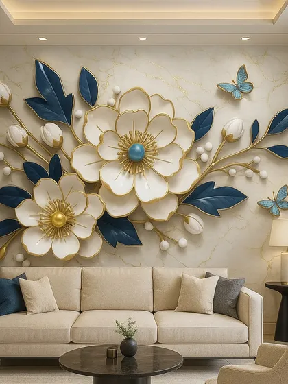 We bring walls to life with our premium 3D wallpapers. This floral design features large, embossed flowers with gold and blue accents, creating a stunning feature wall. It adds texture, depth, and a touch of royal elegance to any living room or bedroom.