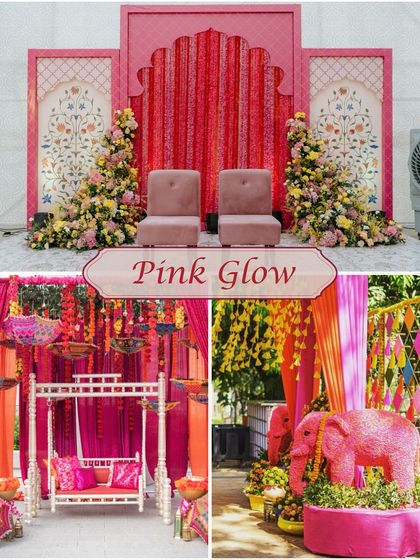 **Haldi Theme: Pink Glow.** Who says Haldi has to be yellow? This theme uses shades of pink and orange for a bright, cheerful, and modern take on the traditional ceremony.
