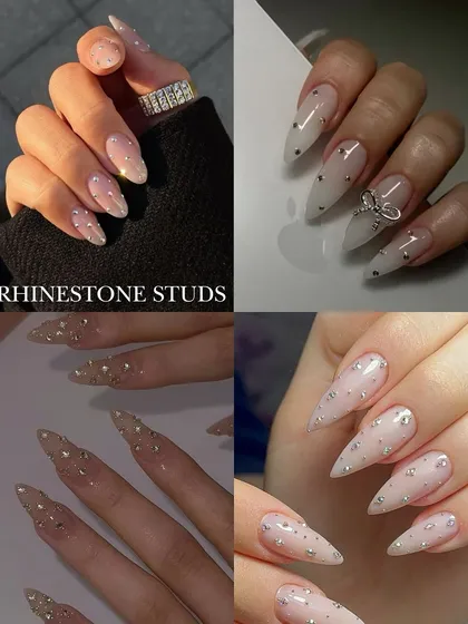 Rhinestone studs are a great way to add a touch of sparkle. This collage shows how delicate studs can be used to create beautiful, elegant designs on a neutral base.