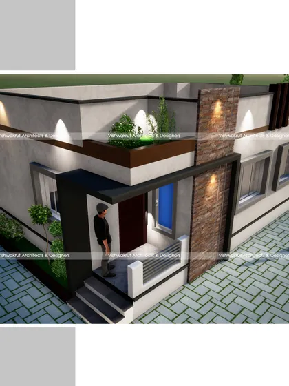 A night view render of the house in Chile, Roha. This demonstrates the impact of well-placed exterior lighting to highlight architectural details and create a warm, inviting glow.