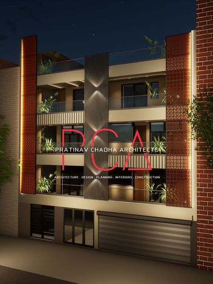 An angled 3D render of the Outram Lines facade, demonstrating the depth and layering of the various materials and lighting elements.