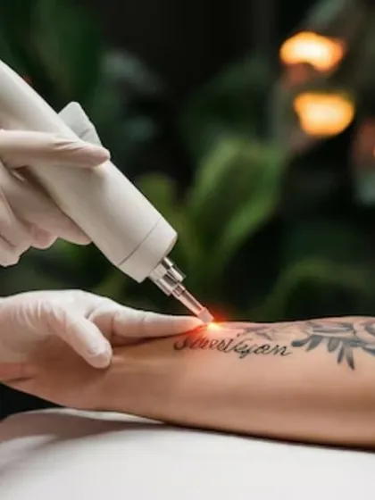 This is a close up of a laser tattoo removal session at my clinic. The advanced Q-switch laser precisely targets the ink particles under the skin, breaking them down safely over several sessions. This method allows for effective removal of unwanted tattoos with minimal risk of scarring.