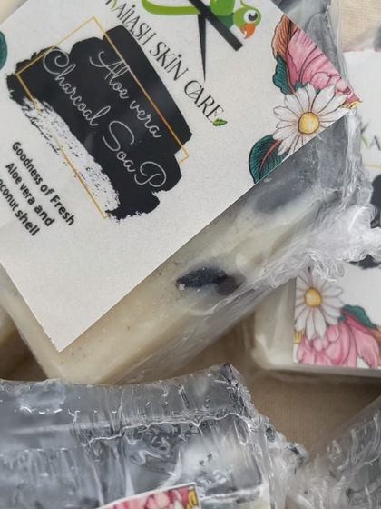 The beautiful texture of my cold process Aloe Vera Charcoal soap, where you can see the natural swirls.