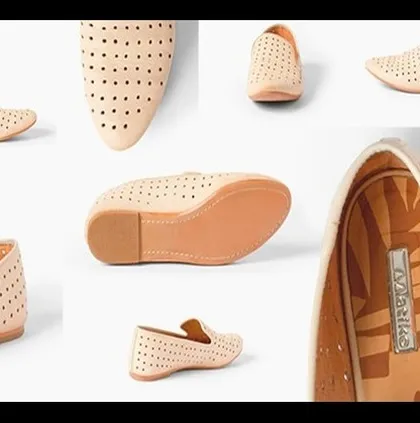 A multi-angle collage of a pair of perforated beige loafers, showing the top, side, sole, and detail shots to give customers a complete 360-degree understanding of the product.