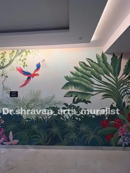 Step into a world where walls dissolve into nature. This paradise-themed mural features dense foliage and a colorful parrot, transforming this space into an artistic escape.