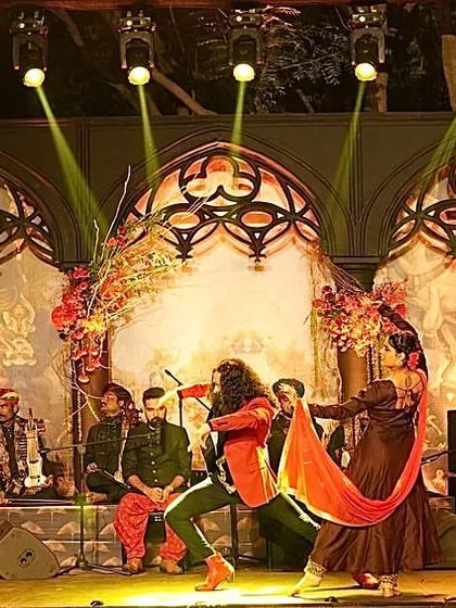 The entire troupe on stage for the 'Flamenco Sufi India Project', creating a rich visual and musical experience.