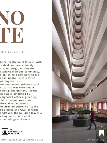 This editor's note highlights the core principles of our design for the Surat Diamond Bourse. It emphasizes the unification of the diamond community through a meticulously curated design that sets a new benchmark in sustainability with its interconnected spaces and ample shading.
