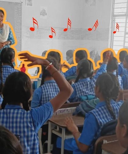 Students raise their hands with excitement during a vocal session. The animated music notes highlight the vibrant and musical atmosphere we strive to create in every classroom.