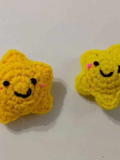 Wish upon a star with these cute crochet star keychains. Their smiling faces and blushing cheeks make them an adorable accessory or small gift.
