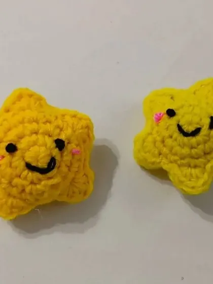Wish upon a star with these cute crochet star keychains. Their smiling faces and blushing cheeks make them an adorable accessory or small gift.