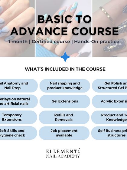 A complete breakdown of our 'Basic to Advance' course. This certified one-month program offers hands-on practice and covers everything from nail prep and extensions to soft skills and hygiene checks.