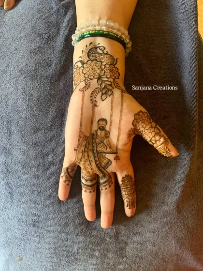 A unique Karwachauth design featuring a portrait of a man on a swing, created for a group booking.