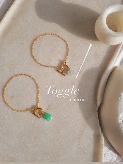 My melon toggle bracelets, featuring aquamarine for calm and chrysoprase for truth.