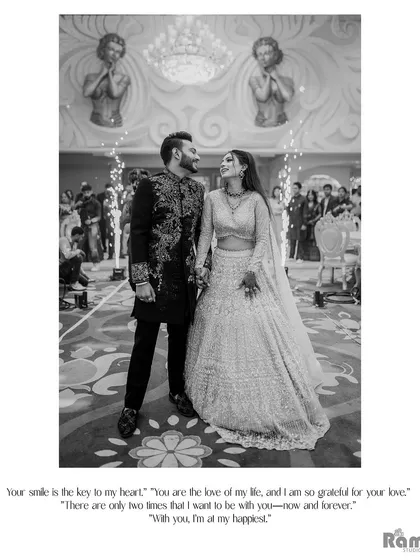 A timeless black and white shot of the couple at their grand engagement ceremony. This image captures the scale of the event while keeping the focus on their happy connection.
