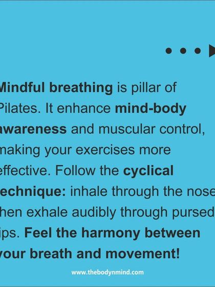 The cyclical breathing technique used in Pilates, inhaling through the nose and exhaling through pursed lips, is key to enhancing mind-body awareness and making each movement more effective.