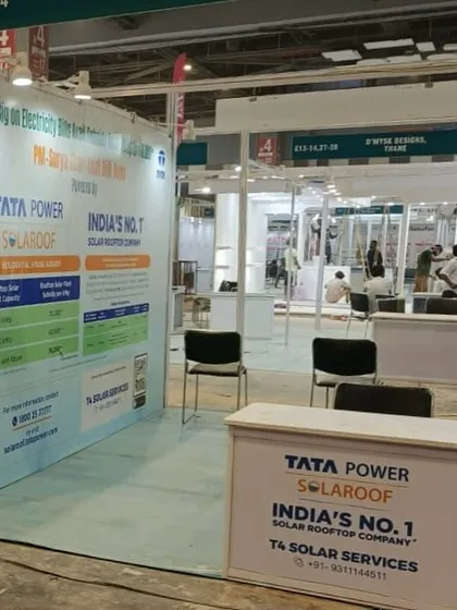Our stall at Pragati Maidan, featuring branding from Tata Power Solar, India's number one solar rooftop company. Our partnership ensures we provide the highest quality products and services.