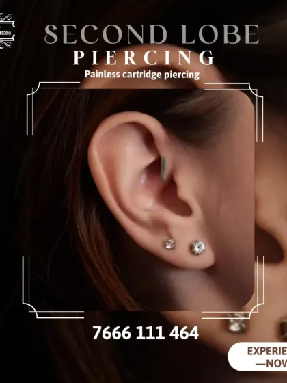 A simple yet elegant second lobe piercing done with our painless cartridge system. This is one of the most popular additions to any ear.