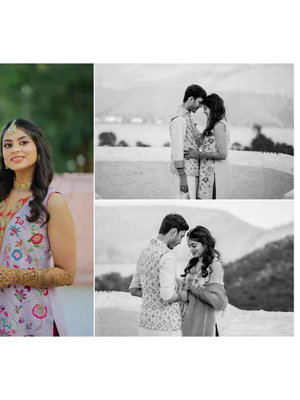 A collage showing a mix of solo bridal portraits and romantic black and white couple shots from the Mehendi.