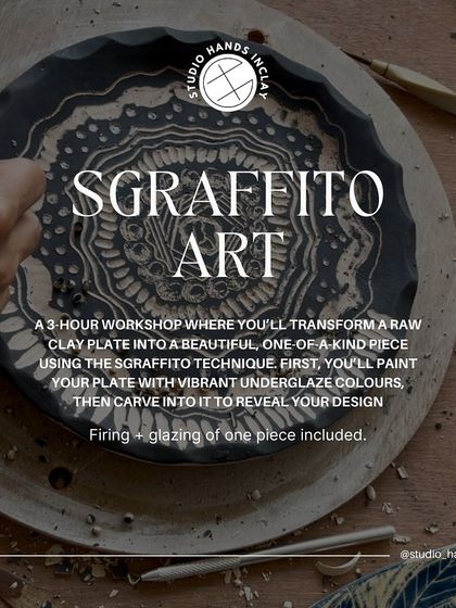 Our Sgraffito Art workshop is a 3-hour session where you'll transform a raw clay plate into a one-of-a-kind piece by painting and carving.