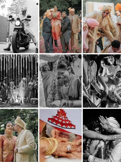 A black and white collage telling the story of a fusion wedding. It captures key moments from the groom's bike entry to the emotional South Indian rituals, highlighting the blend of traditions.