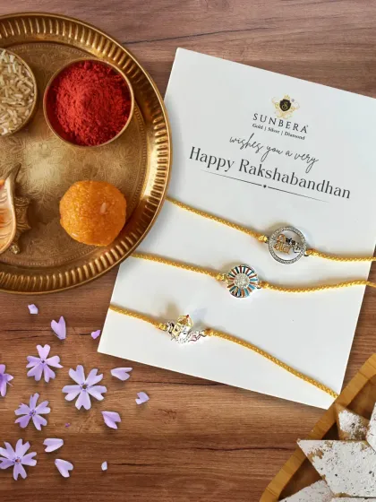 We help you prepare for the perfect Raksha Bandhan celebration. This image presents our silver rakhis on a festive platter complete with sweets like ladoo and kaju katli, showing how our products fit into the complete gifting experience.
