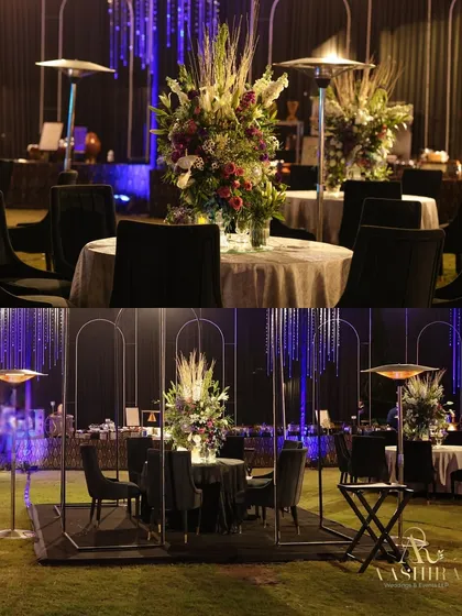 This collage shows the versatility of the dining setup, with some tables enclosed in modern arched frames, creating private, stylish nooks for guests.