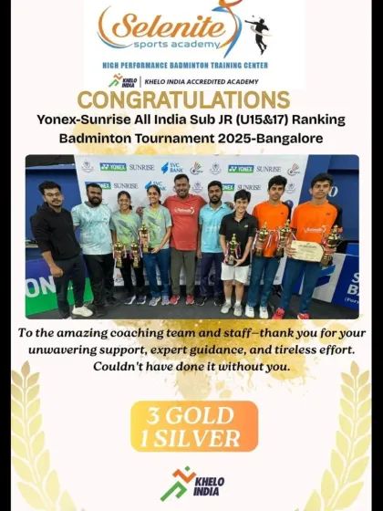 Victory is a team effort. Celebrating a massive haul of 3 Gold and 1 Silver medals at the Yonex Sunrise All India Sub-Junior Ranking Tournament in Bangalore. This is a testament to the hard work of my players and the dedication of my coaching staff.