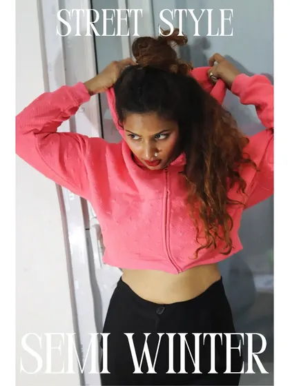 My take on a 'lazy winter' street style look. A simple pink crop hoodie and black pants can be comfy and stylish at the same time. I even used an earring as a nose pin for a unique touch.