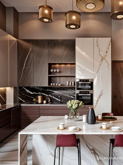 The heart of this home is its open-concept kitchen, featuring a statement marble island that doubles as a dining space. We paired dark wood cabinetry with contrasting light marble surfaces and integrated high-end appliances to create a space that is as functional as it is beautiful.