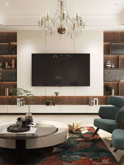 A perfectly balanced living room where a classic crystal chandelier meets modern furniture. The TV unit is flanked by backlit wooden shelves, providing both ambient lighting and a beautiful display for decor, creating a warm and inviting atmosphere.