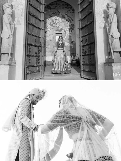 A collage of a bride's first look and her grand entrance through the fort's massive wooden doors.