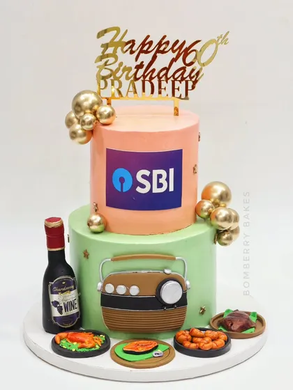A two-tier 60th birthday cake for a retiree, themed around their favorite things: the SBI logo, a vintage radio, seafood, and wine.