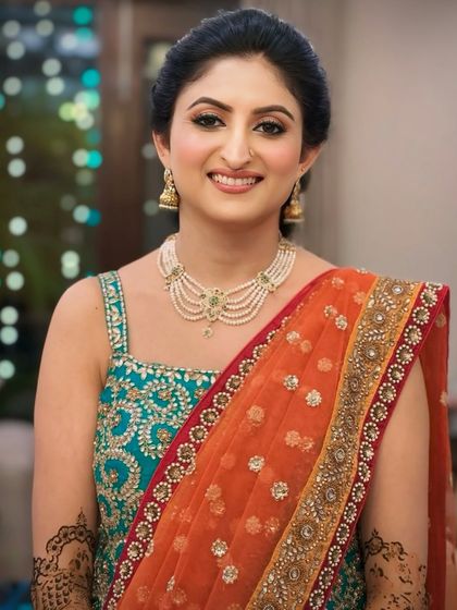 A smiling portrait of Shruti. The makeup is kept clean and fresh, with a focus on her radiant skin.