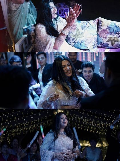 A collage of the bride enjoying her Sangeet, showing her dancing, clapping, and celebrating with guests.