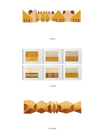 This image shows the pattern studies for the Stone Print Villa facade, breaking down the design into its core elements of front elevation, plinth texture, and repeating patterns.