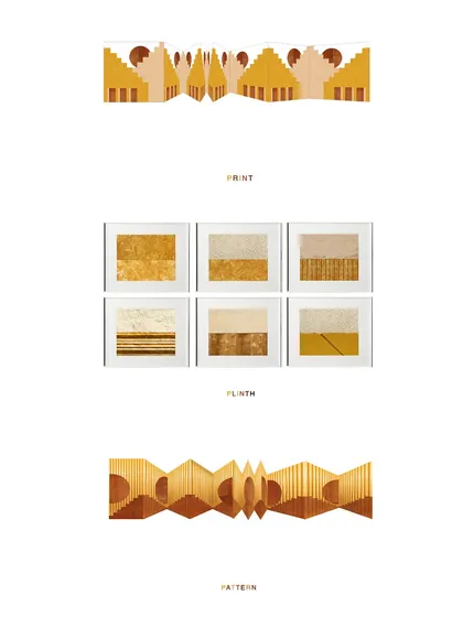This image shows the pattern studies for the Stone Print Villa facade, breaking down the design into its core elements of front elevation, plinth texture, and repeating patterns.