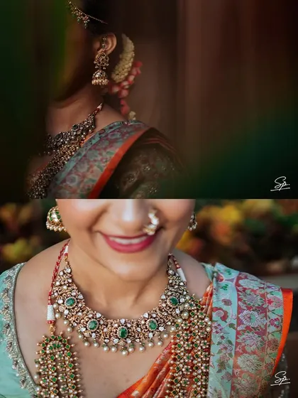 Close-up shots that celebrate the details: the intricate necklace, the gentle smile, and the traditional nose ring.